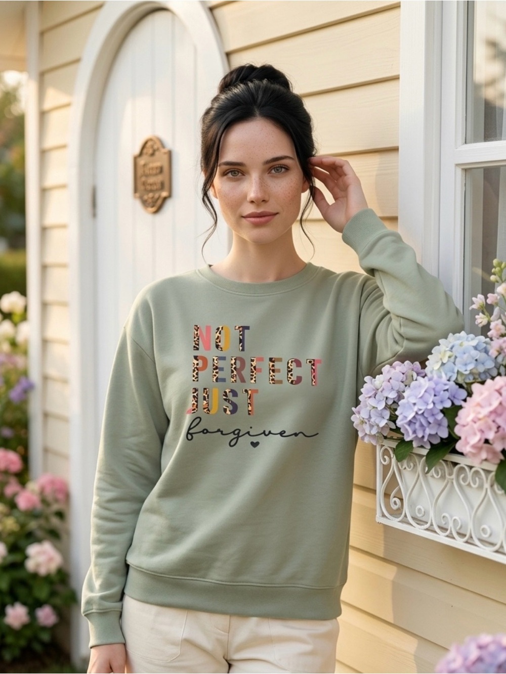 Sage Green Graphic Crewneck Sweatshirt - Forgiven Message